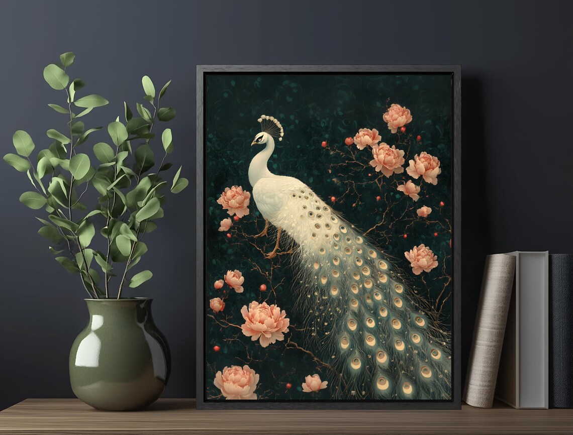White Peacock Pink Peonies Moody Black Floral Botanical Art Print - Image 5