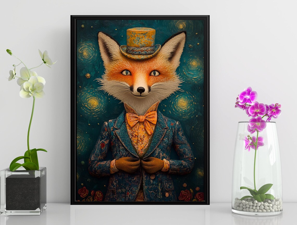 Dapper Fox Top Hat Suit Starry Night Swirly Background Whimsical Art Print - Image 3