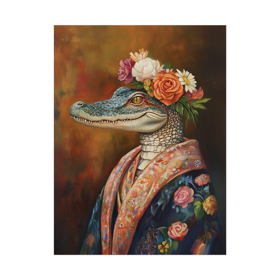 Alligator Flower Crown Floral Robe Regal Portrait Eclectic Art Poster - Image 2