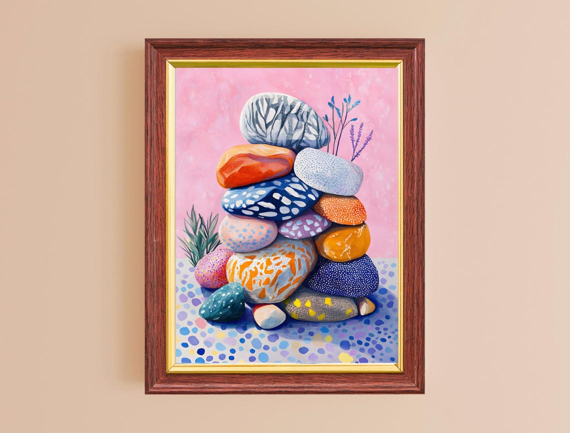 Whimsical Painted Stone Tower Colorful Balanced Rocks Art Print - Image 2