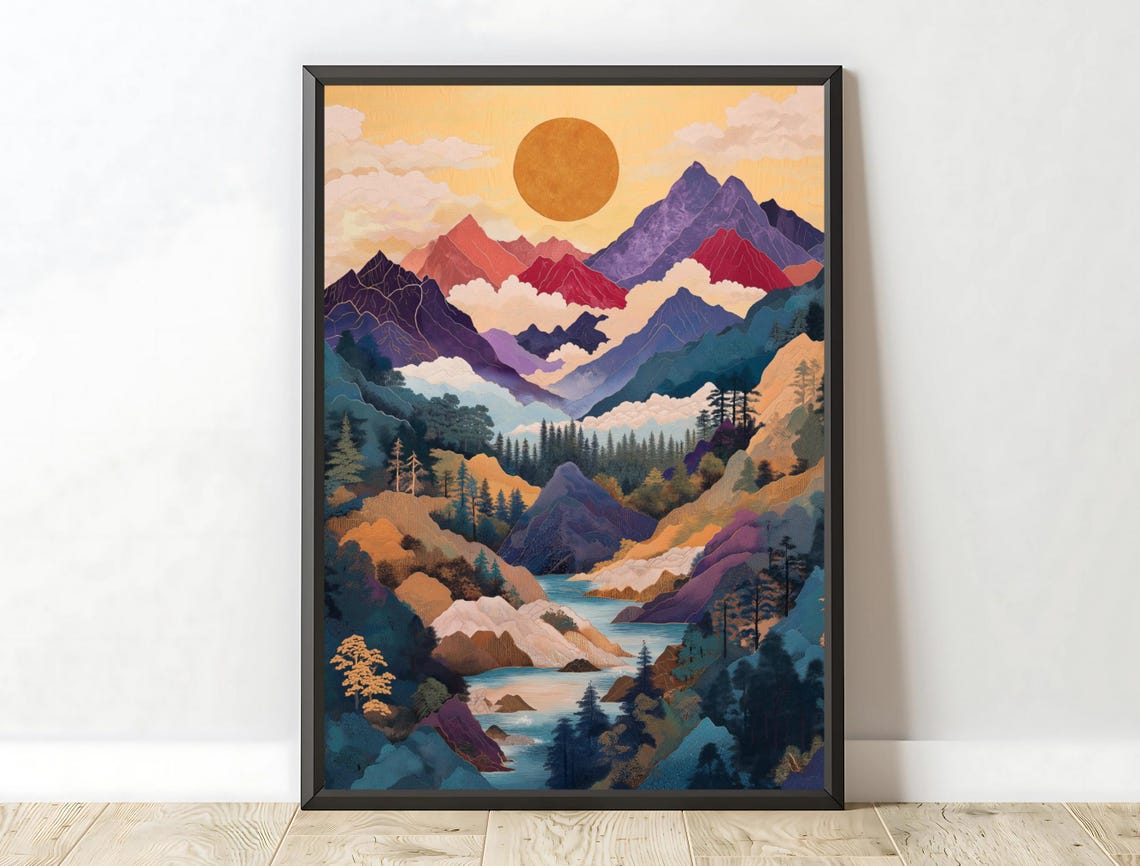 Japanese Mountain Peaks Golden Sun Misty River Landscape Art Poster