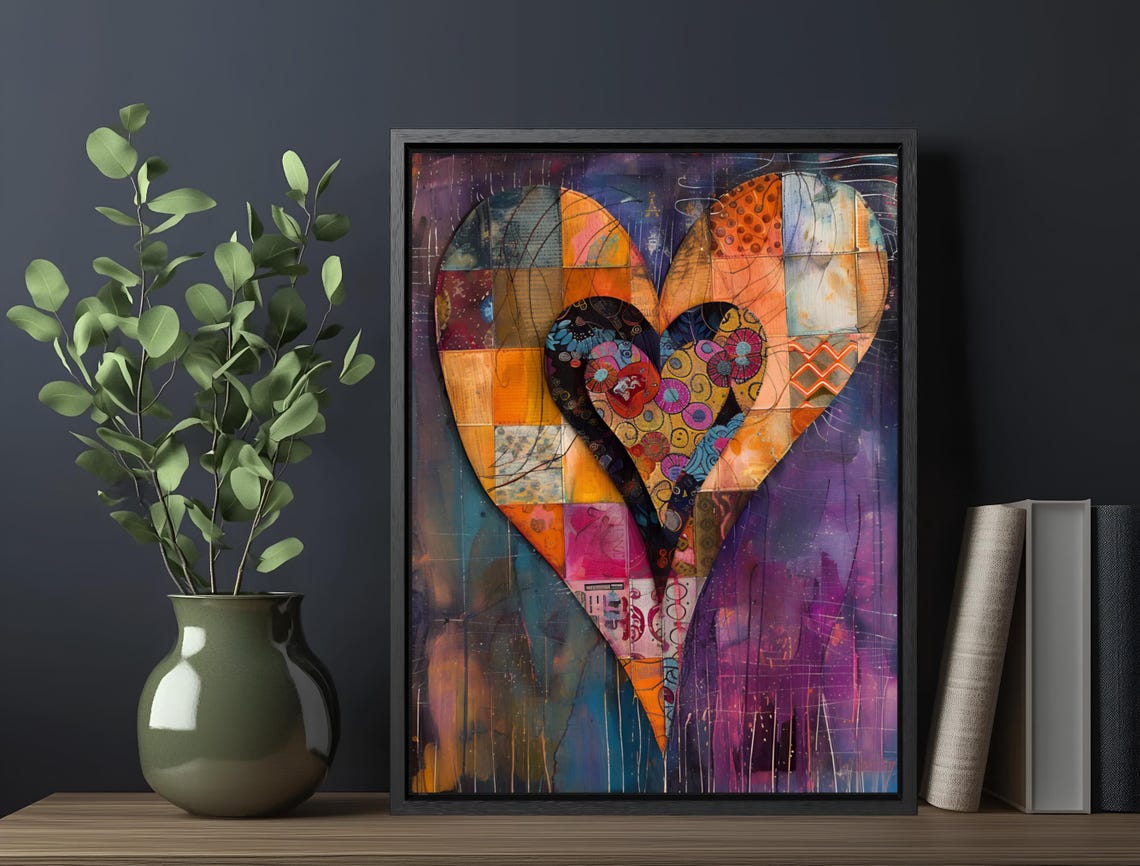Patchwork Heart Collage Orange Purple Maximalist Abstract Art Print - Image 6