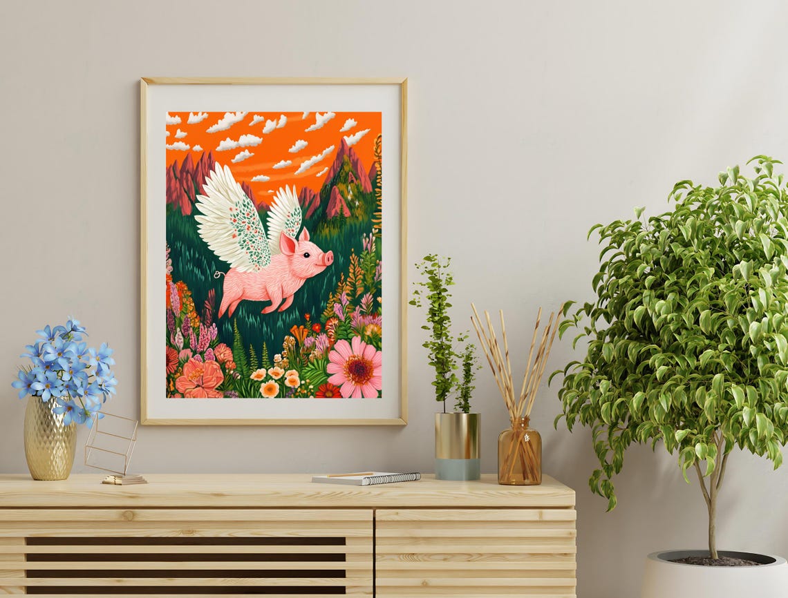 Pink Flying Pig Floral Wings Wildflower Mountain Meadow Fun Print - Image 3