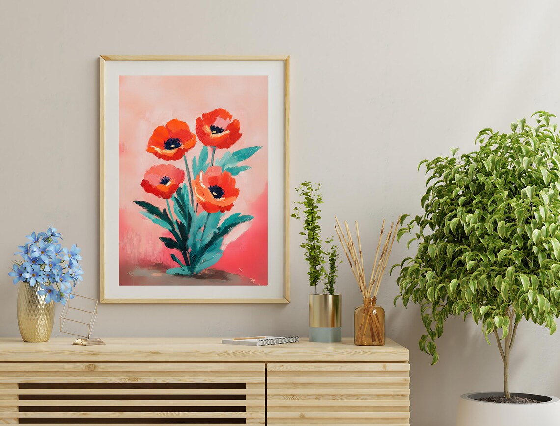 Red Poppies Teal Leaves Pink Gradient Vintage Floral Art Poster - Image 3