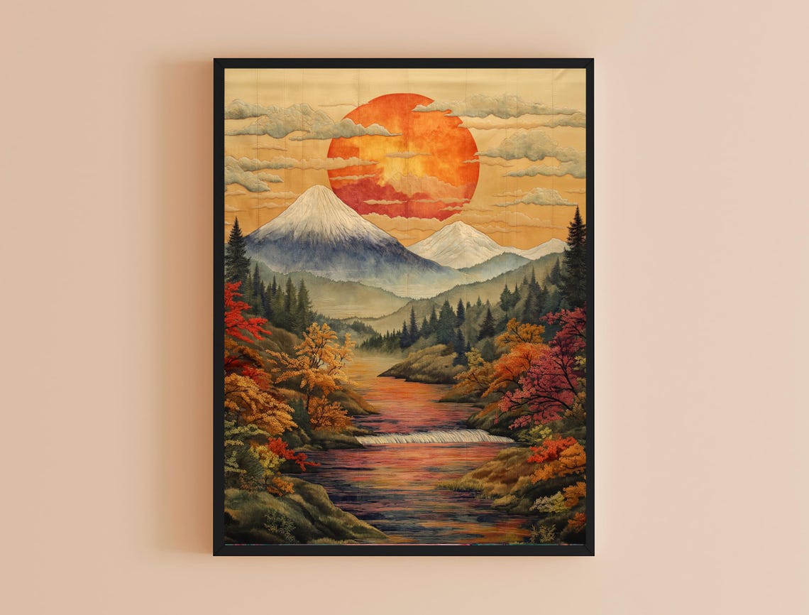 Mount Fuji Big Red Sun Autumn River Valley Classic Japanese Art Poster - Image 4