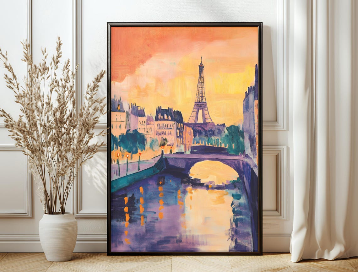 Paris Eiffel Tower Golden Sunset Seine River Bridge Painting Poster
