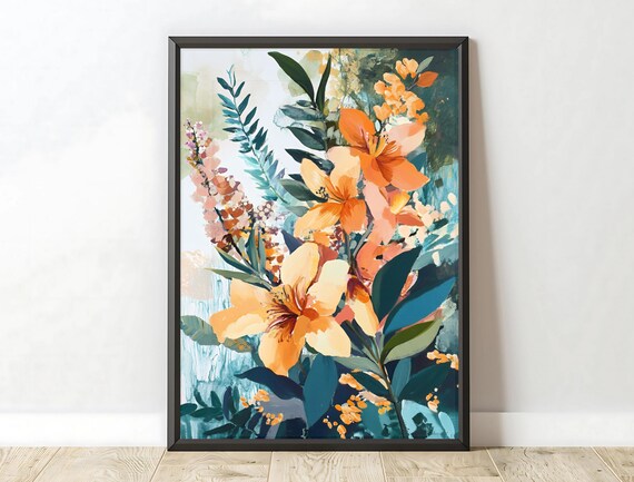 Orange Lilies Watercolor Bouquet Teal Leaves Colorful Summer Wall Art