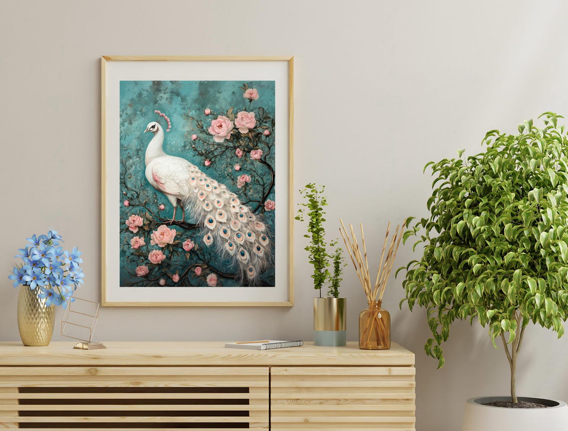 White Peacock Among Pink Roses Teal Chinoiserie Style Wall Art Print - Image 3