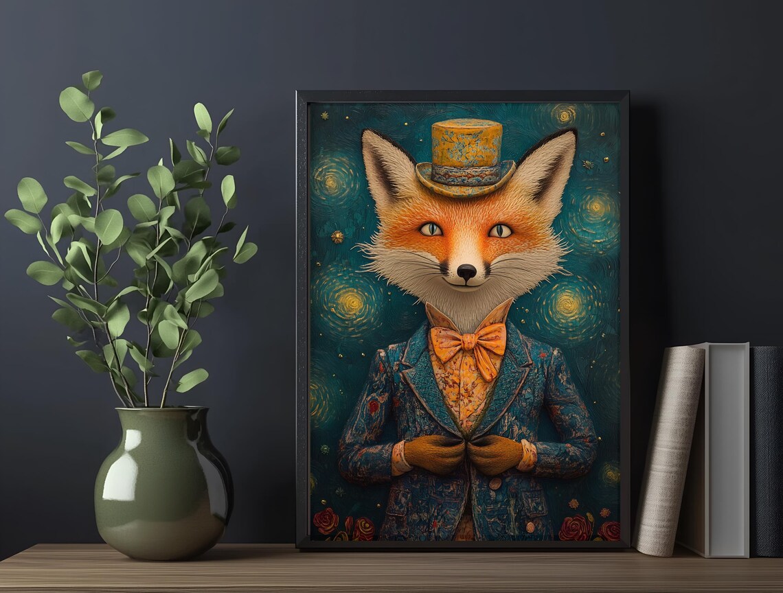 Dapper Fox Top Hat Suit Starry Night Swirly Background Whimsical Art Print - Image 5