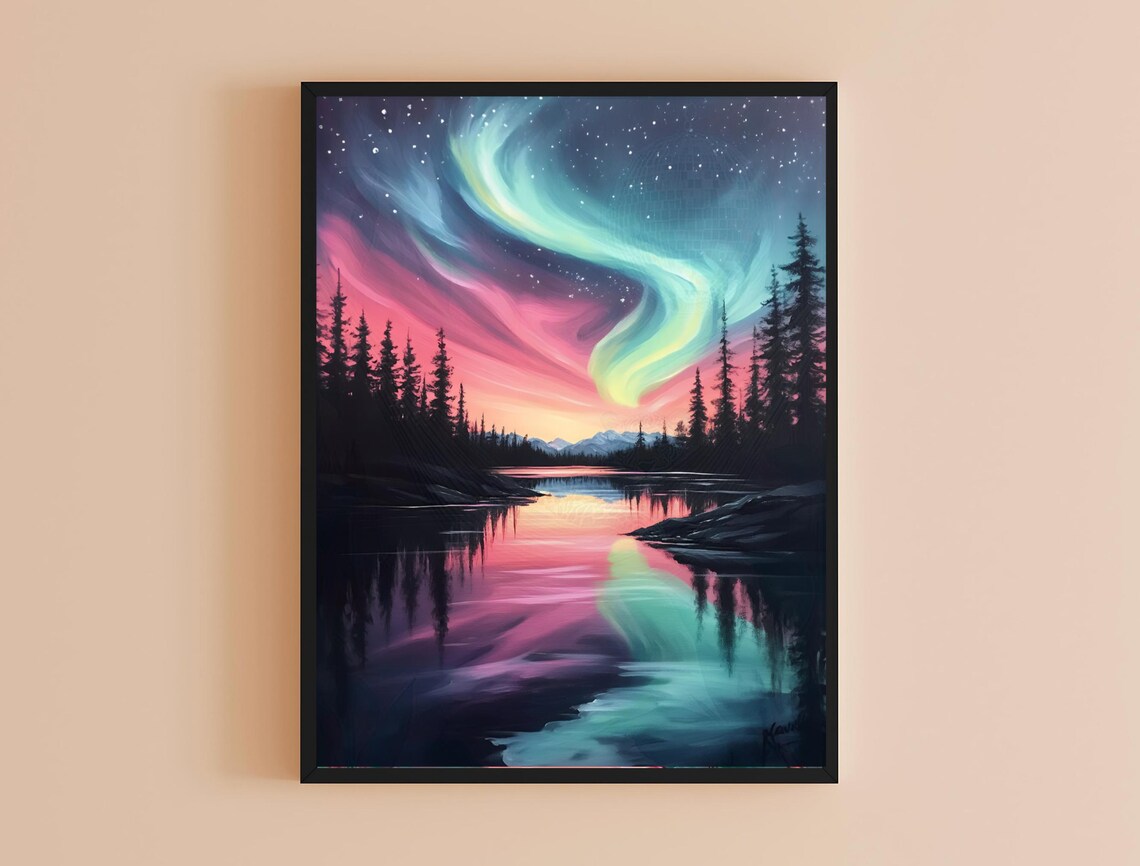 Pink Teal Aurora Borealis Swirl Starry Night Lake Mountains Poster - Image 4
