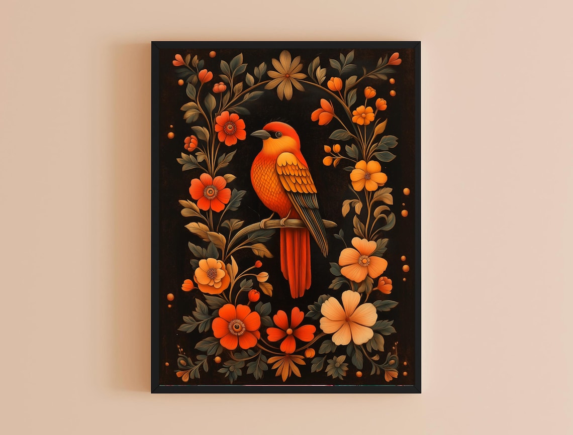 Bright Orange Bird Red Flowers Black Background Folk Botanical Art Print - Image 6