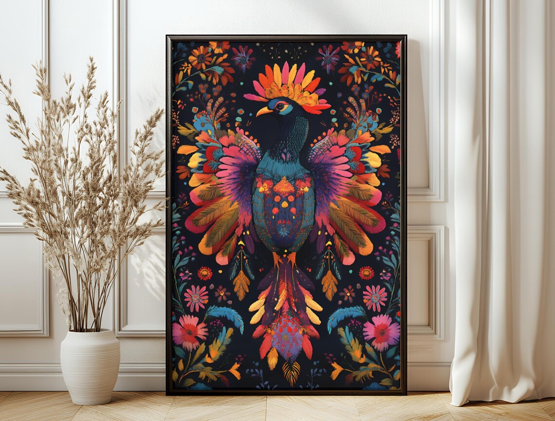 Colorful Exotic Bird Radiant Fantasy Plumage Floral Folk Art Print