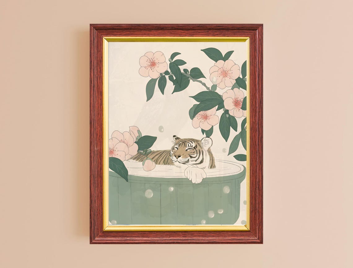 Tiger Cub Bathing Cherry Blossom Japanese Minimalist Animal Poster - Image 2
