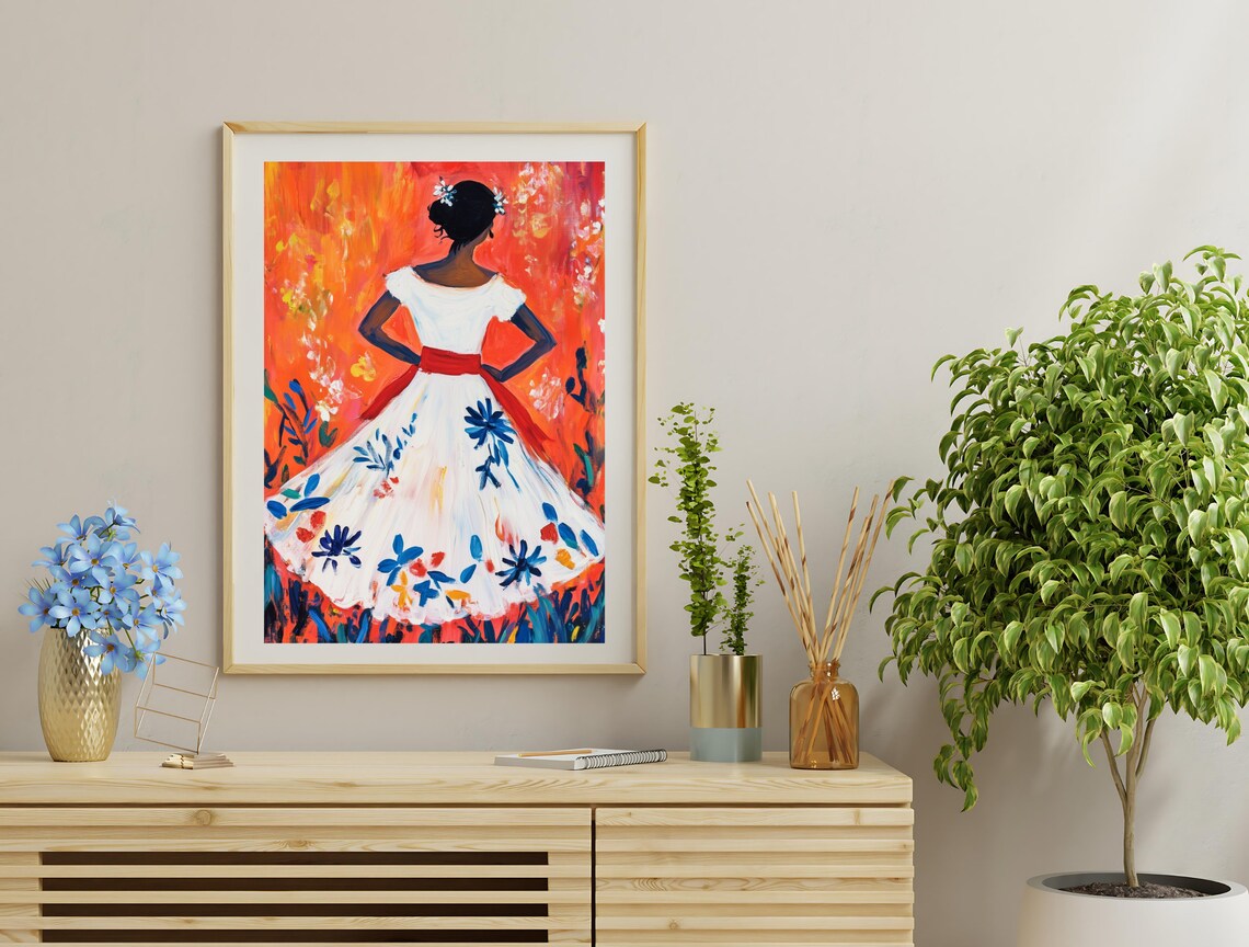 Mexican Folkloric Dancer White Floral Dress Vibrant Red Festive Wall Art - Image 4