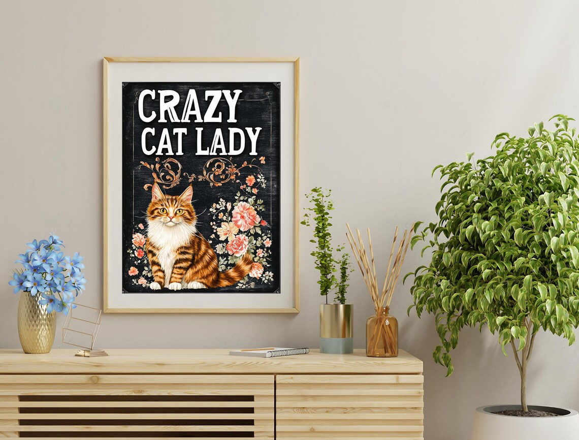Crazy Cat Lady Orange Tabby Cat Pink Roses Floral Pet Lover Art Poster - Image 3
