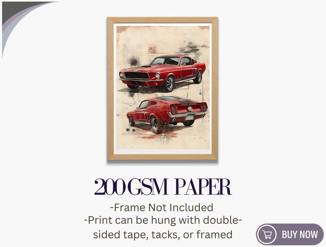 Red Ford Mustang Fastback Front Rear Vintage Sketch Car Wall Poster - Image 5