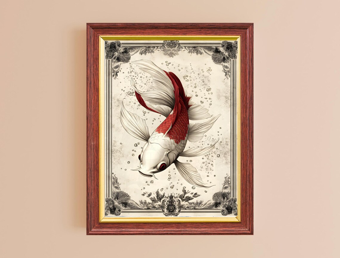 Graceful Red Koi Flowing Silk Fins Vintage Style Engraved Print - Image 2