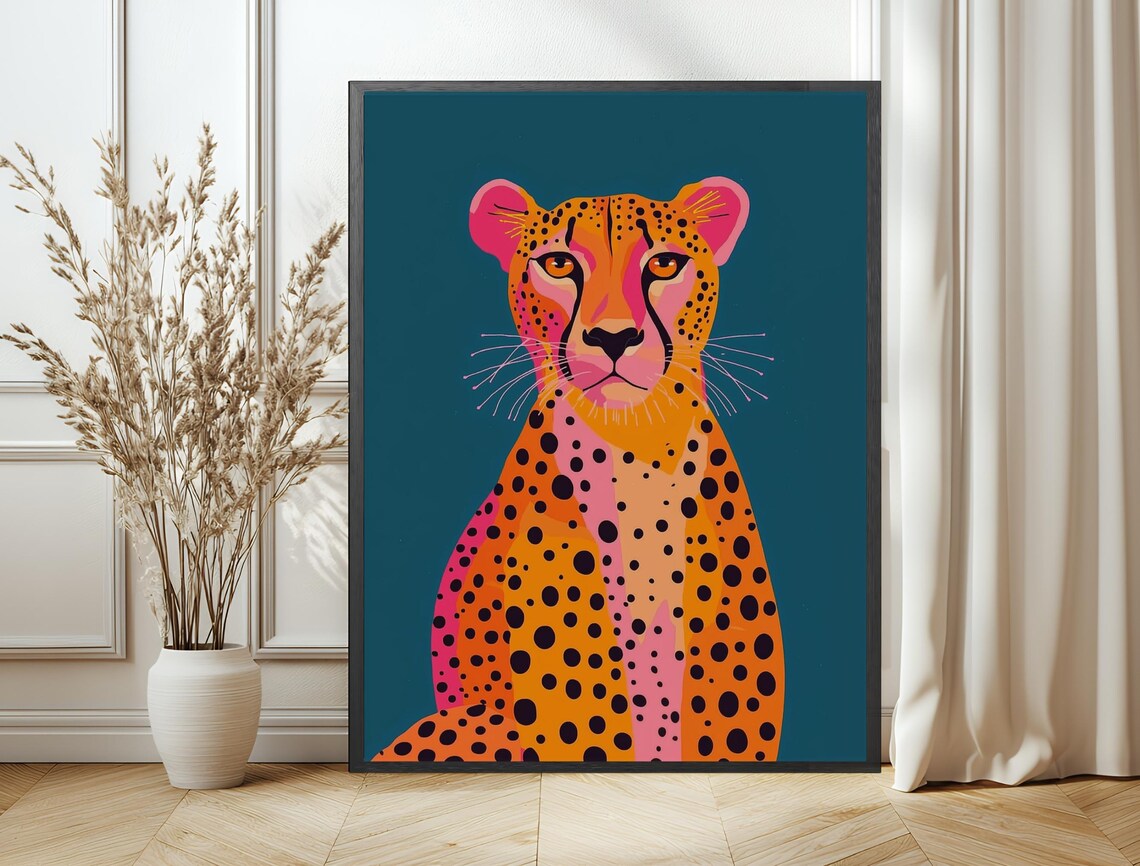 Cheetah Portrait Orange Spotted Big Cat Teal Background Bold Animal Wall Art