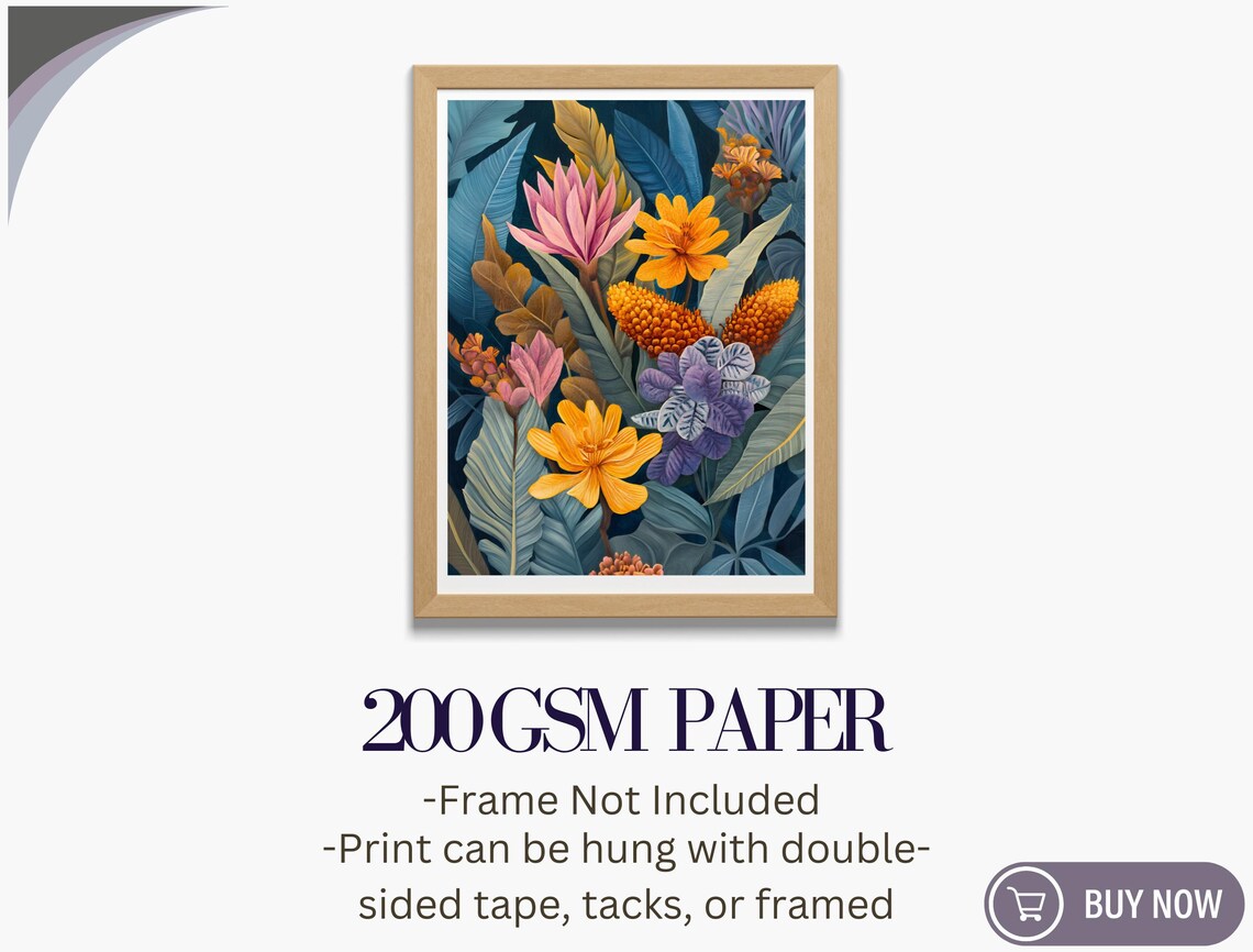 Tropical Floral Pink Lotus Yellow Blooms Blue Leaves Maximalist Print - Image 5