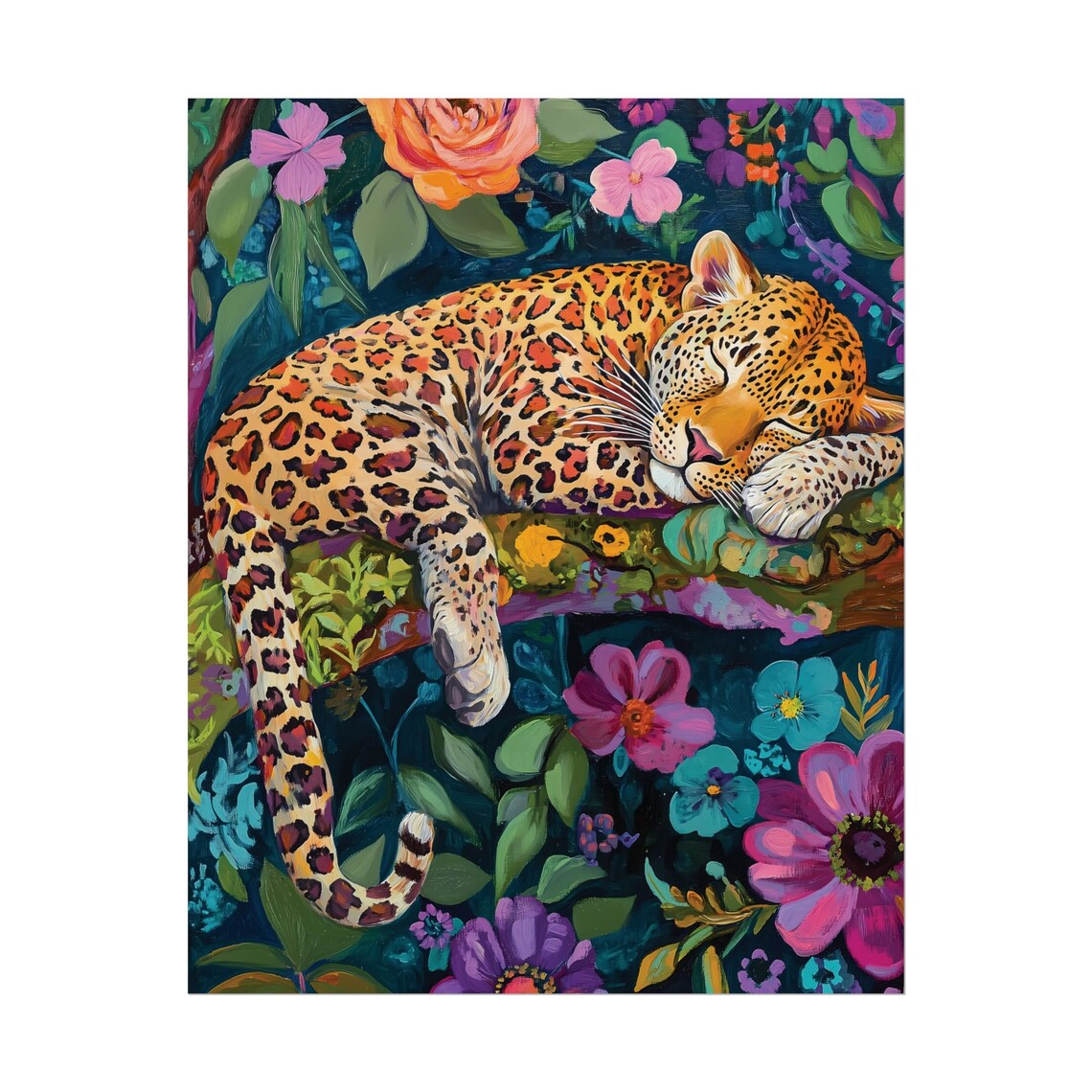 Leopard Sleeping Branch Vivid Jungle Flowers Maximalist Animal Art Poster - Image 2