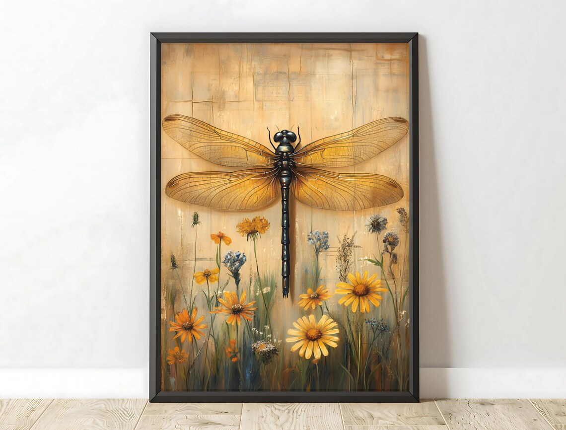 Golden Dragonfly Wildflowers Vintage Parchment Botanical Wall Art Print - Image 6