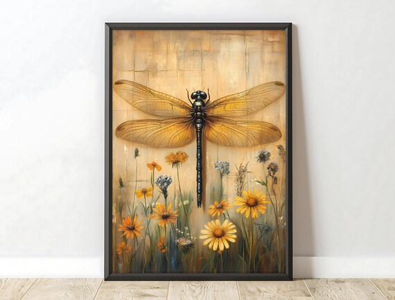 Golden Dragonfly Yellow Daisies Aged Parchment Botanical Art Print