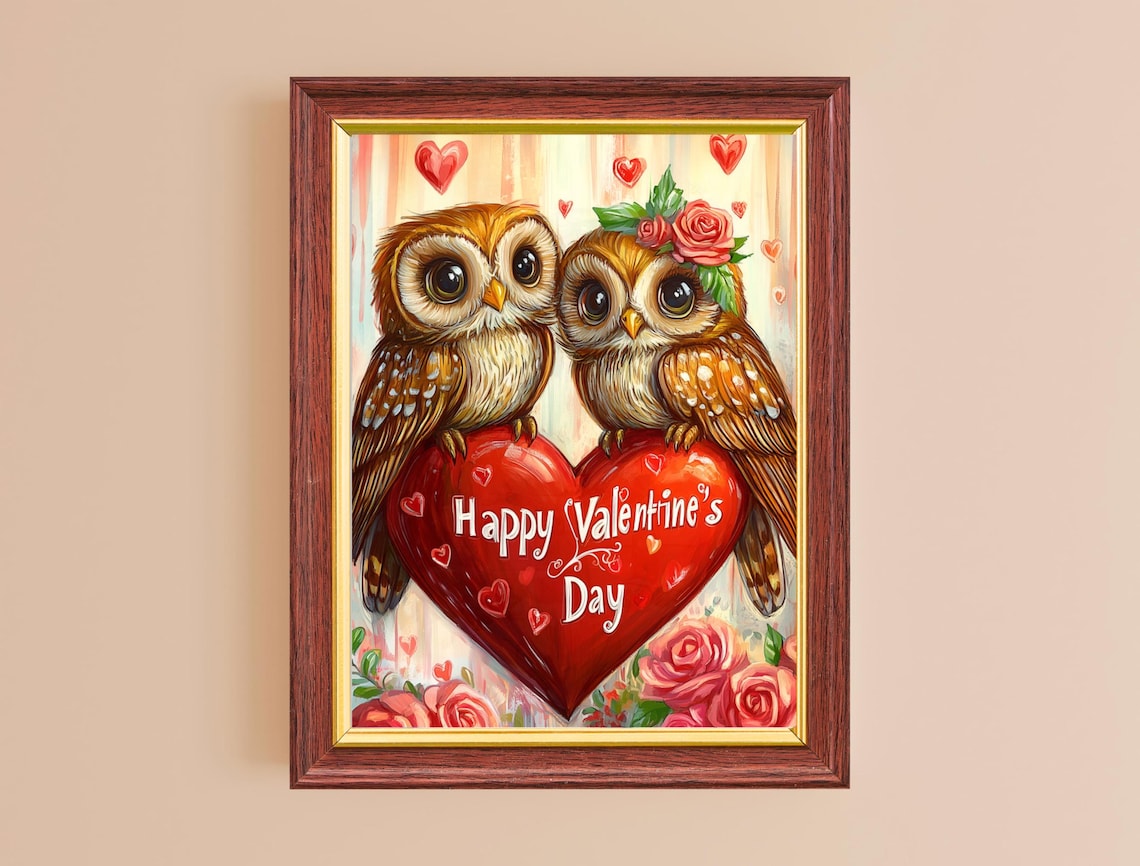 Owl Couple Happy Valentines Day Heart Roses Cute Romantic Art Poster - Image 2