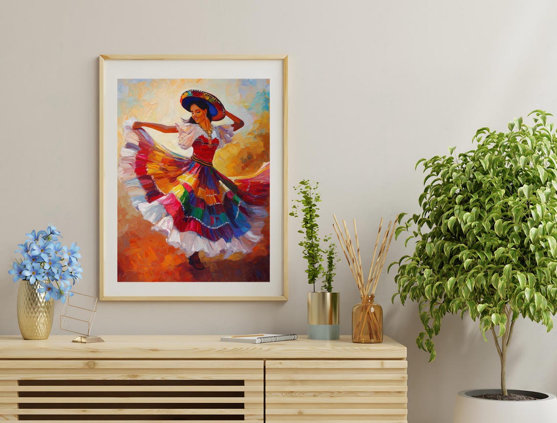 Joyful Mexican Dancer Rainbow Skirt Sombrero Expressive Oil Art Poster - Image 2