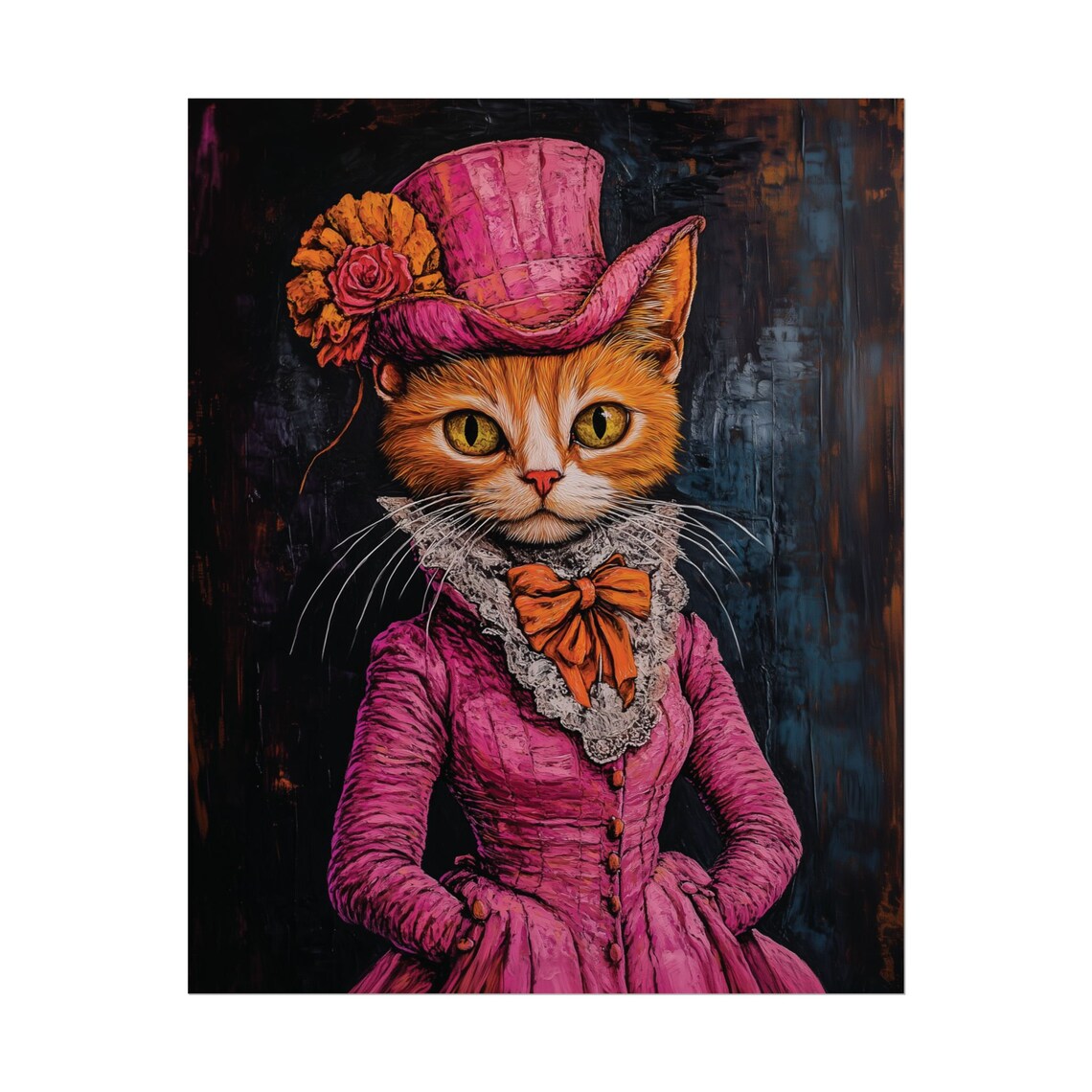 Victorian Cat Portrait Pink Dress Top Hat Vintage Funny Wall Art Poster - Image 2