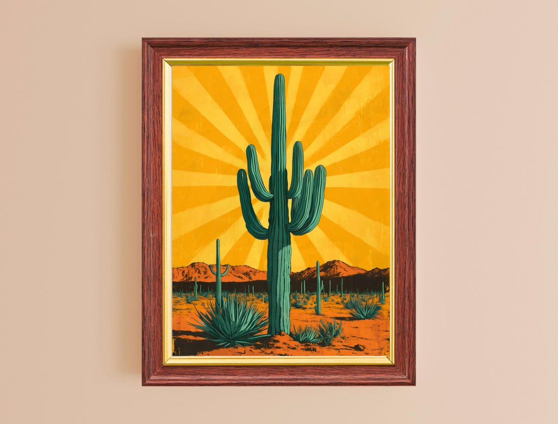 Saguaro Cactus Desert Sunburst Retro Travel Poster Arizona Wall Art