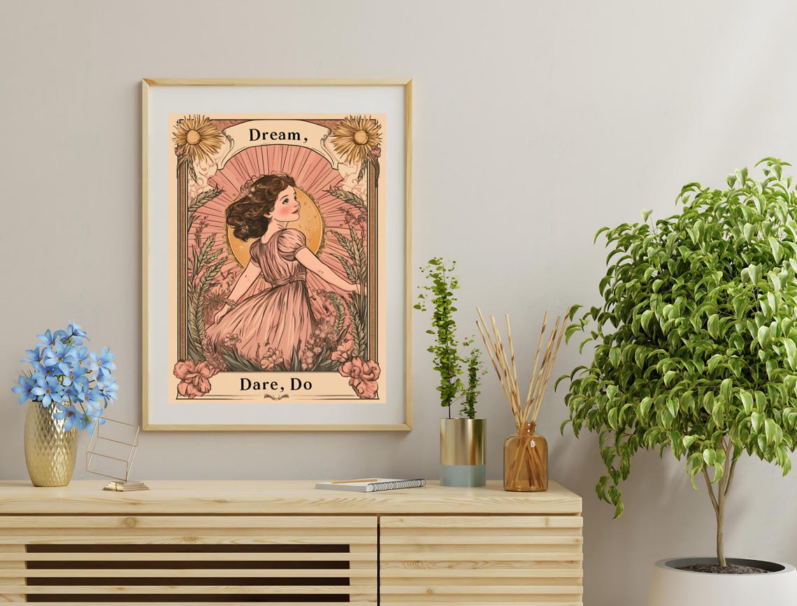 Dream Dare Do Blush Storybook Girl Flowers Sun Rays Art Poster - Image 3
