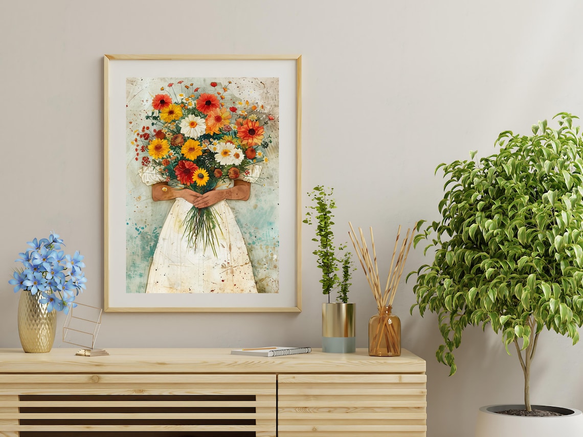 Woman White Dress Holding Wildflower Bouquet Vintage Floral Art Poster - Image 3