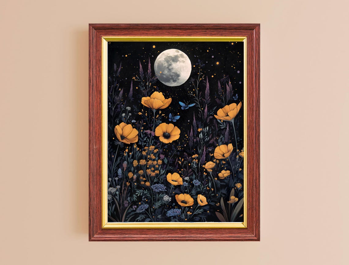 Full Moon Golden Poppies Night Meadow Fireflies Moody Wall Art Print - Image 2