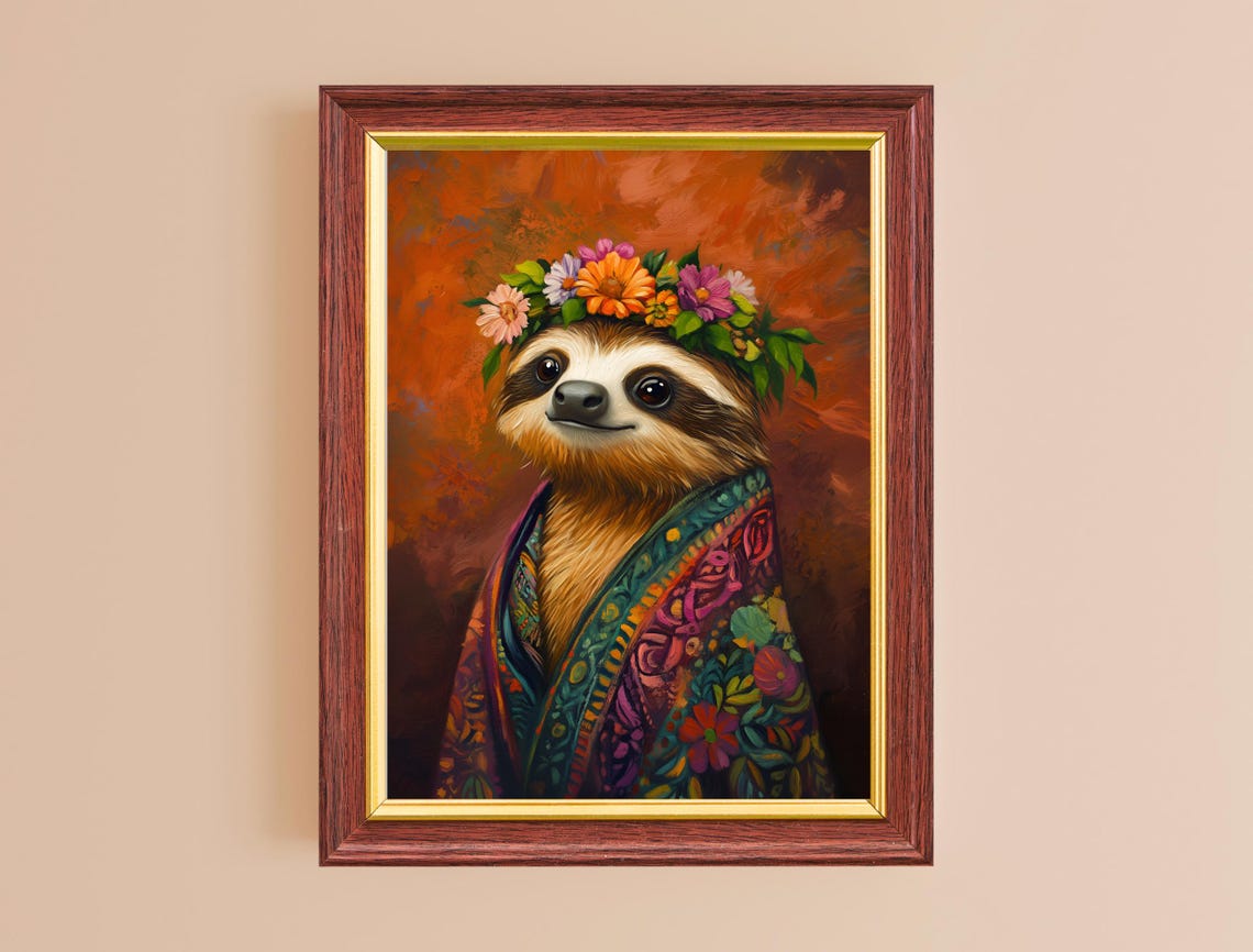 Smiling Sloth Flower Crown Patterned Robe Burnt Orange Art Poster