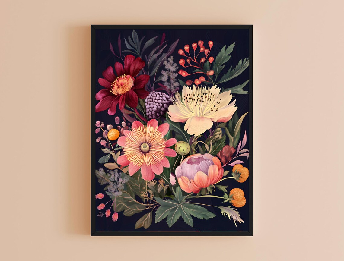 Moody Floral Art Vibrant Peony Print For Dark Botanical Decor Modern Interior Design - Image 4