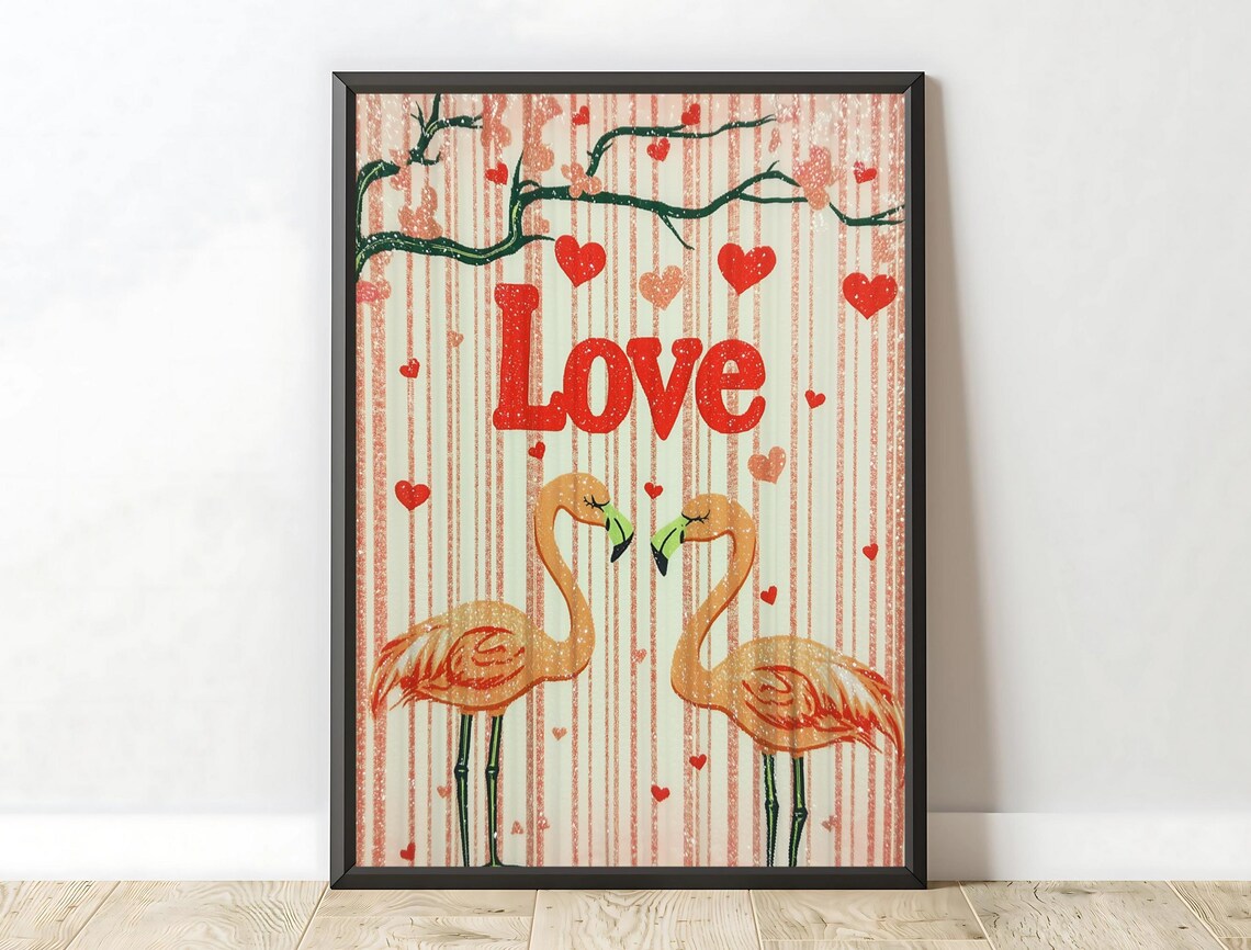 Flamingo Couple Love Hearts Romantic Valentines Pink Striped Poster