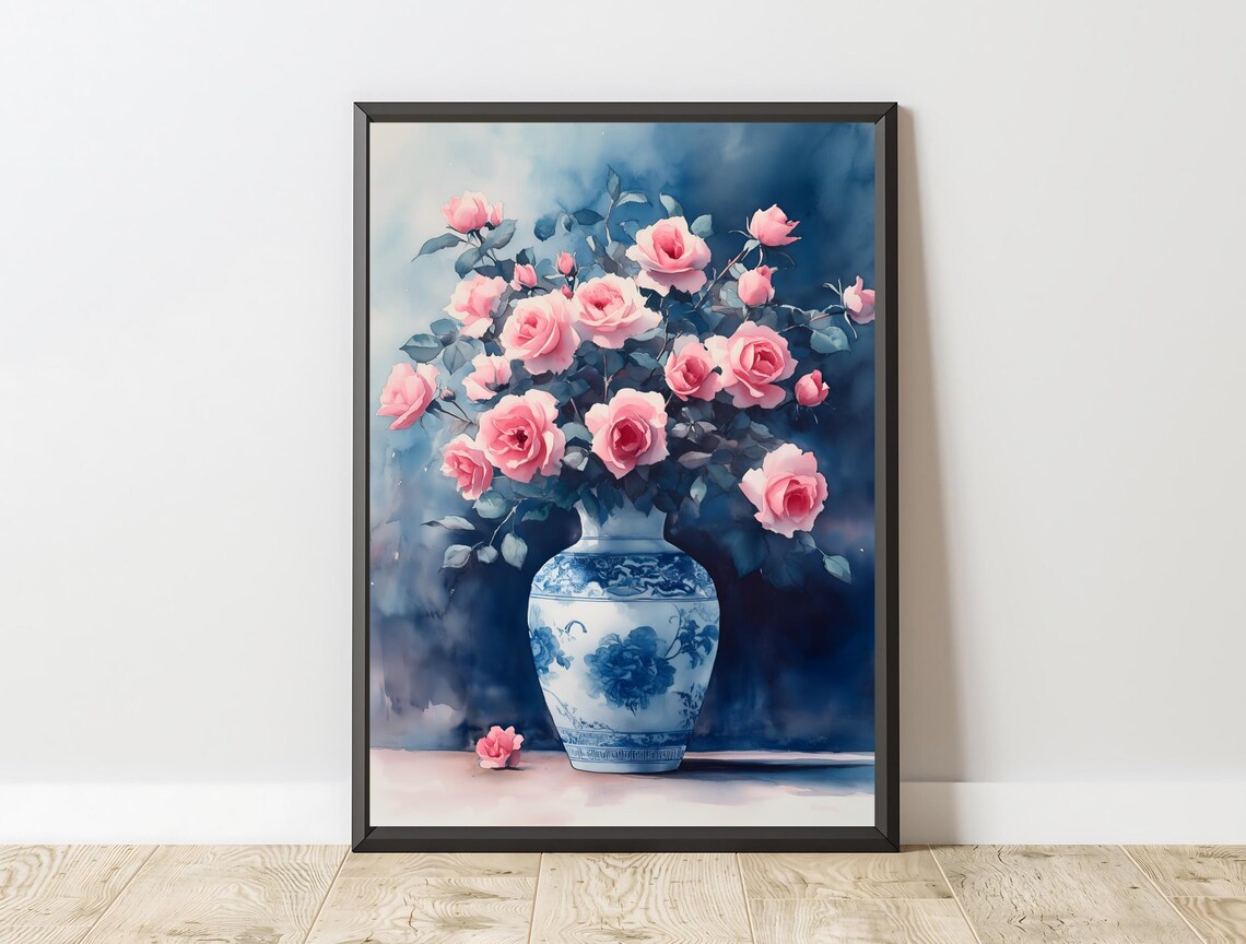 Pink Roses Blue White Chinoiserie Vase Watercolor Floral Art Poster - Image 2