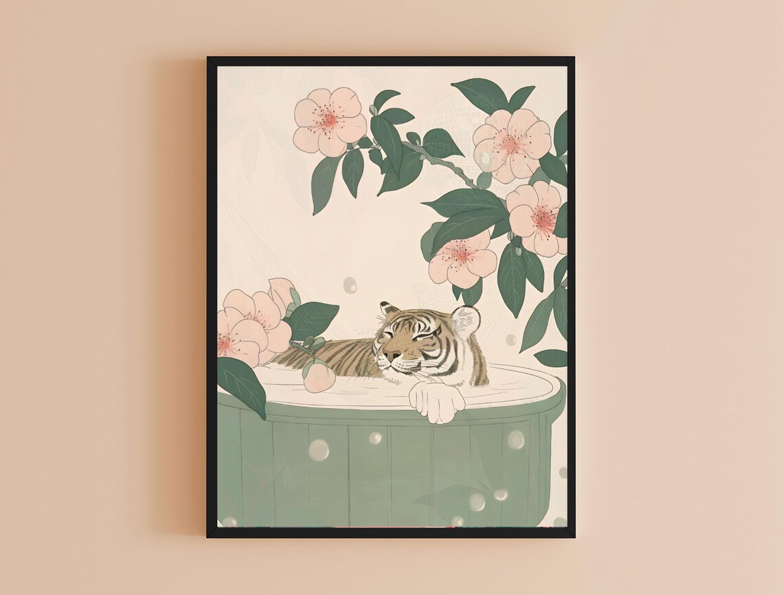 Tiger Cub Bathing Cherry Blossom Japanese Minimalist Animal Poster - Image 4