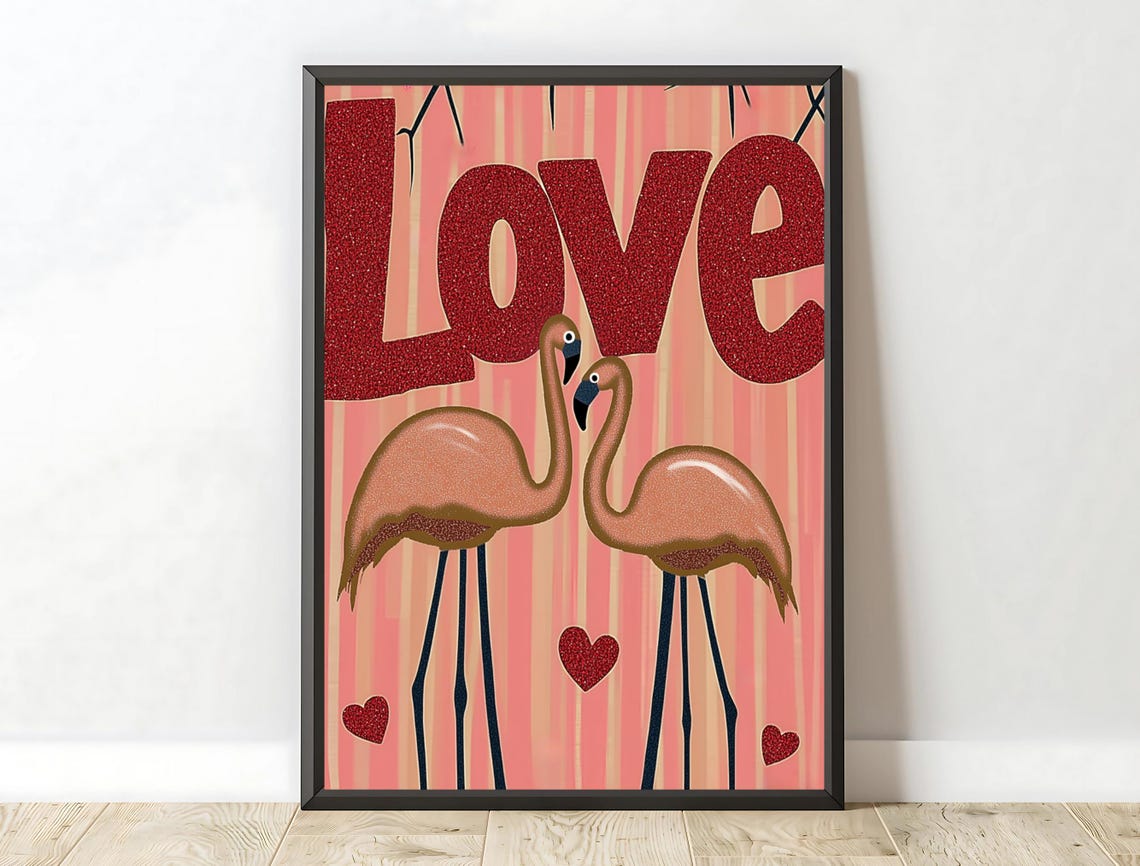 Love Flamingos Pink Hearts Glitter Typography Romantic Wall Art Poster