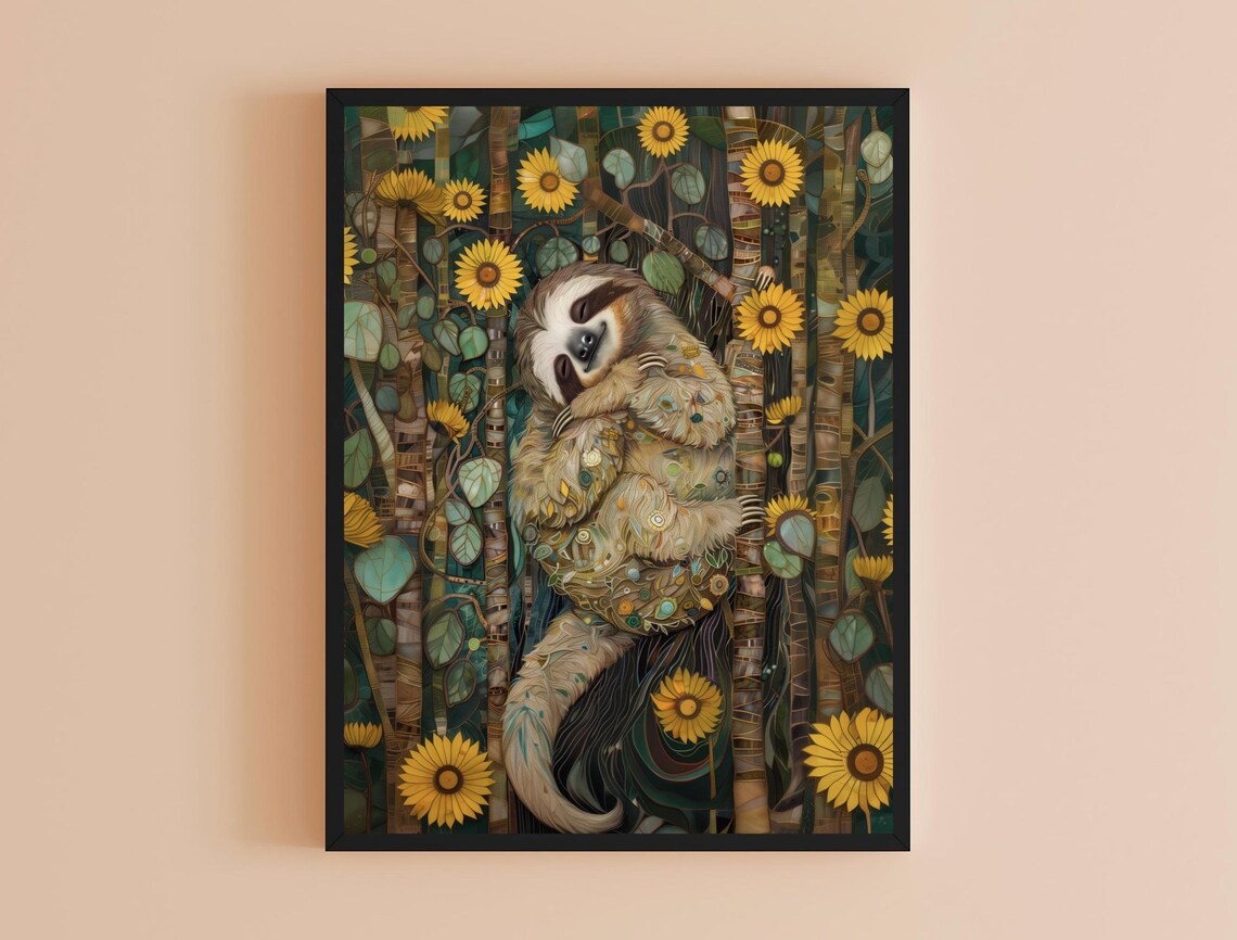Whimsical Sloth Hugging Tree Sunflowers Decorative Klimt Style Cute Animal Art Print