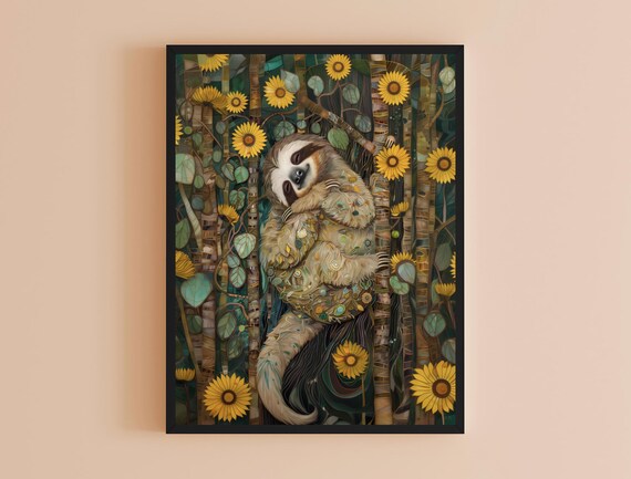 Whimsical Sloth Hugging Tree Sunflowers Decorative Klimt Style Cute Animal Art Print