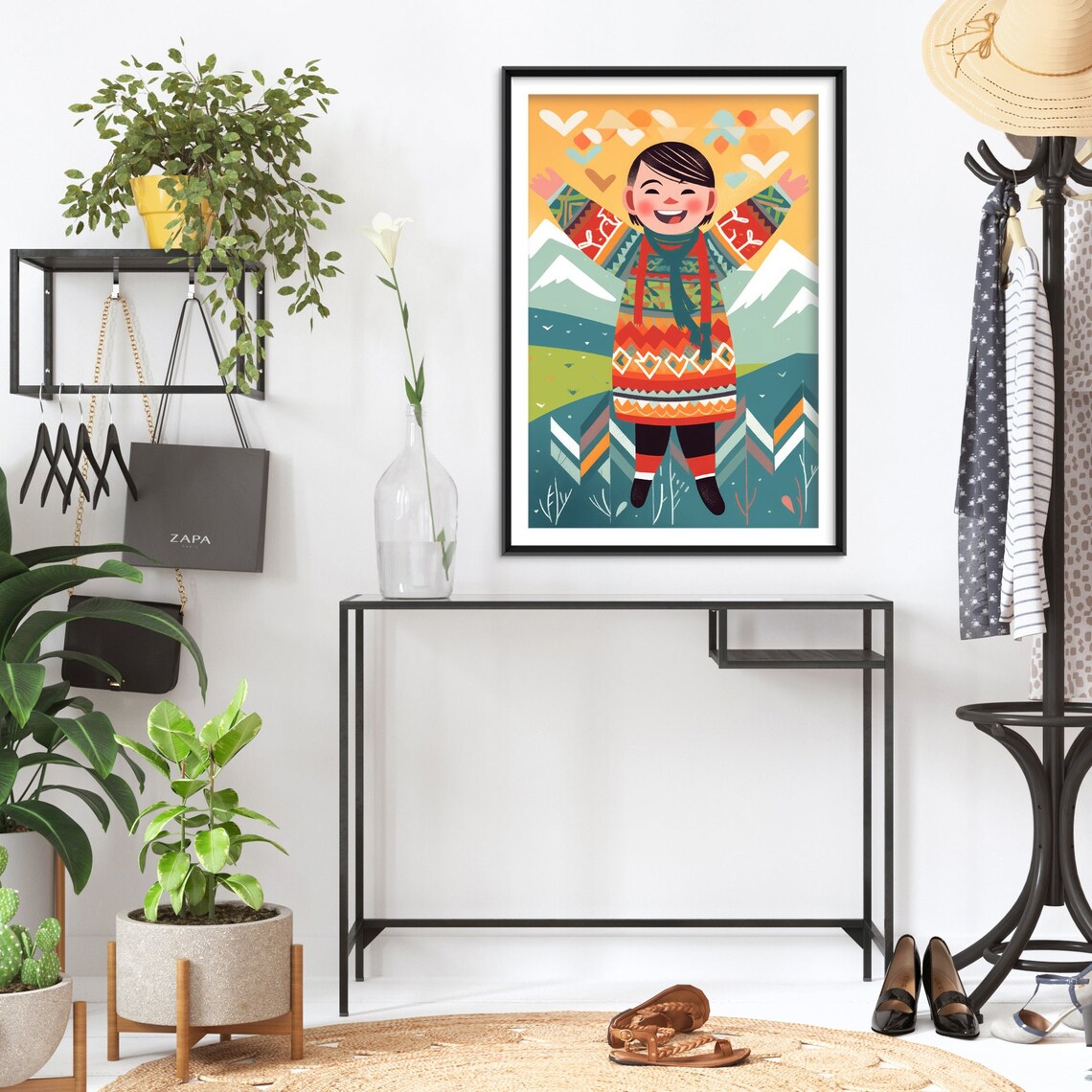 Happy Icelandic Child Traditional Sweater Mountain Folk Art Poster - Image 2