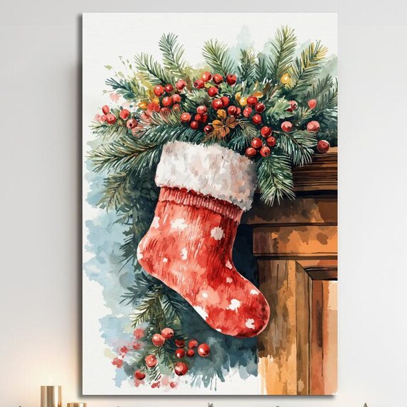 Red Christmas Stocking Watercolor Pine and Berries Holiday Print