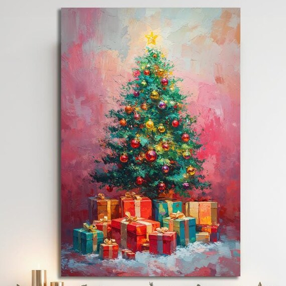 Colorful Christmas Tree With Gifts Pink Background Painterly Wall Art