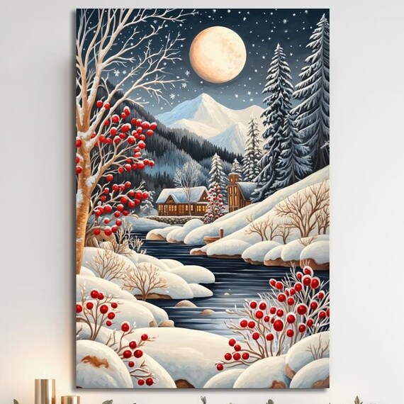 Moonlit Snowy Cabin By Frozen Stream Winter Landscape Wall Art