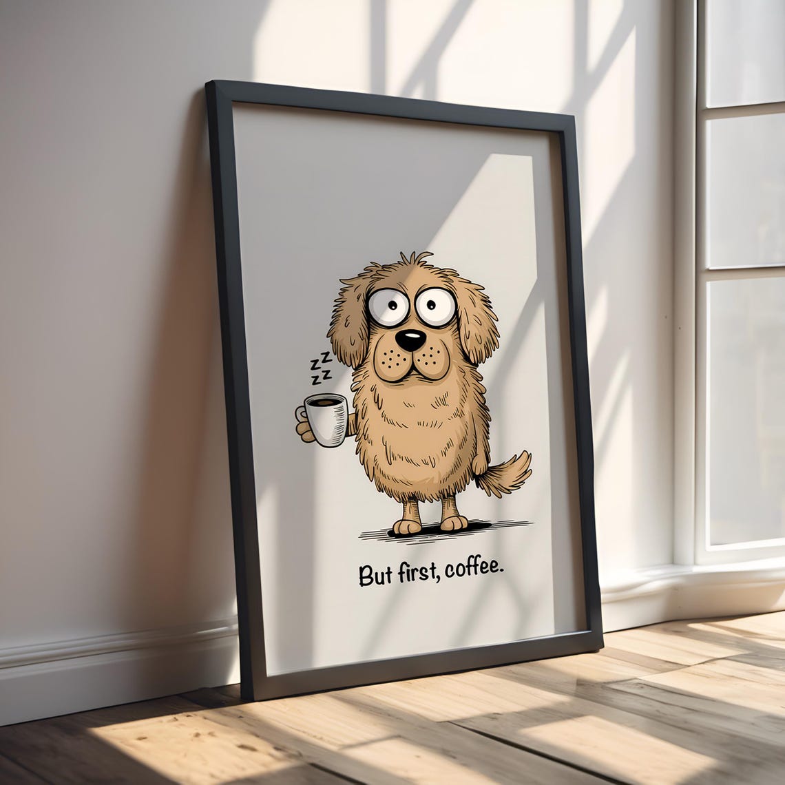 But First Coffee Drowsy Golden Dog Cartoon Lover Wall Poster - Image 3