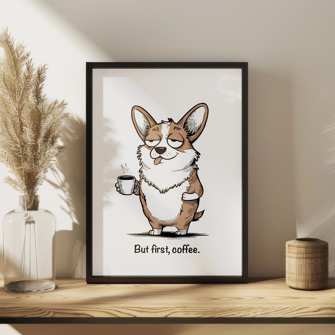 But First Coffee Sleepy Corgi Cartoon Dog Lover Gift Wall Poster - Image 2