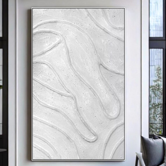 3d Line Art White Wall Art Textured Large Artwork Abstract Painting Original Minimalist Oil Painting For Modern Home Decor Gift