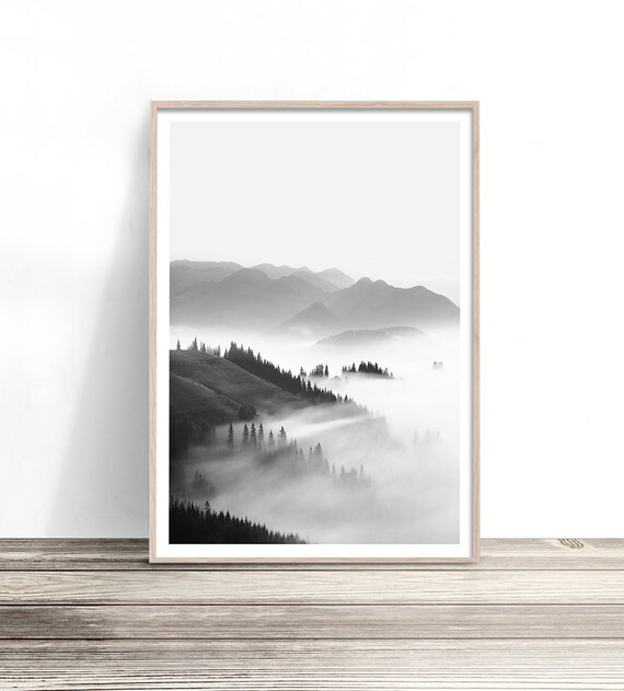 Misty Pine Forest Print Scandinavian Wall Art Black And White Print Foggy Mountain Poster Nordic Scandi Art Calming Wall Art