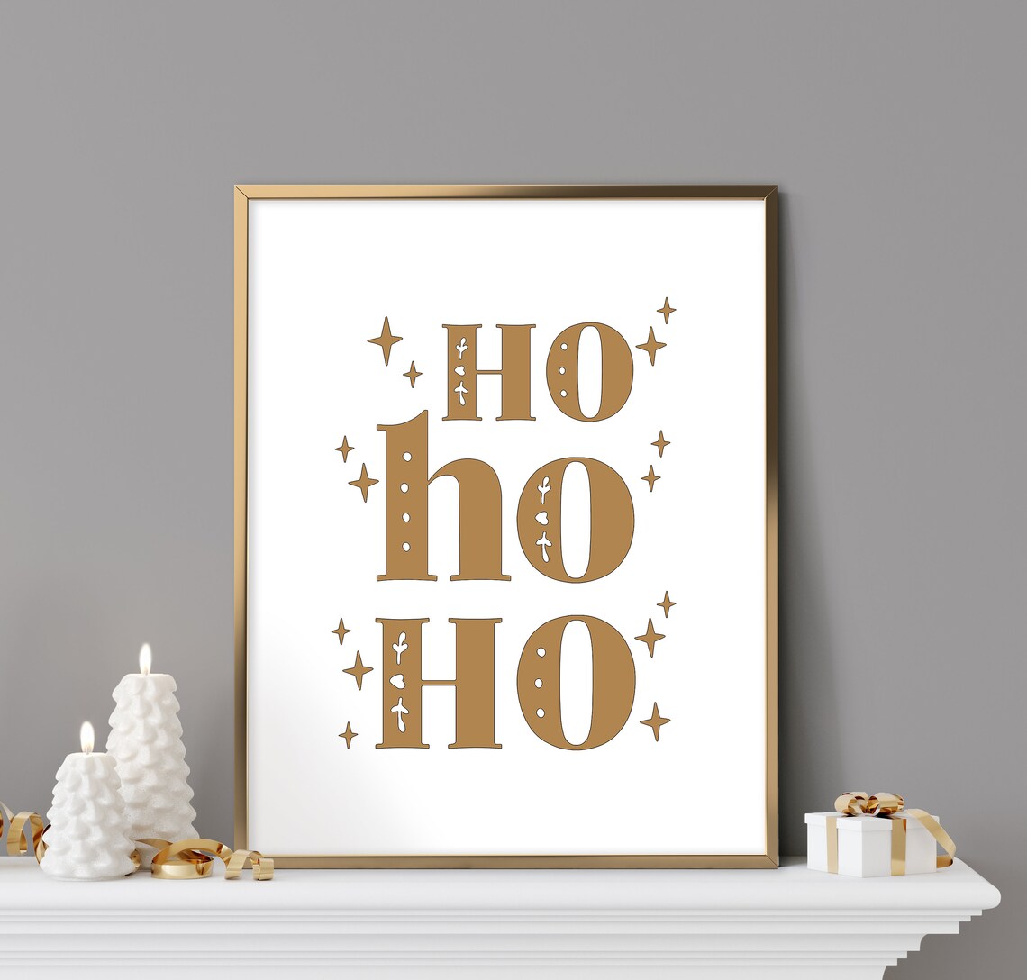 Cheerful Ho Ho Ho Sparkling Gold Lettering Santa Christmas Quote Art Print - Image 2